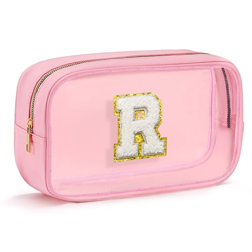 Initial Clear Makeup Bag for Women - Travel Toiletry Bag, Portable Waterproof Cosmetic Bag Travel Essentials Birthday Gifts for Women (Pink Letter R)