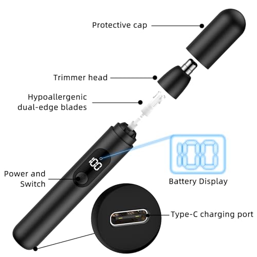 Smity Nose Hair Trimmer, Rechargeable Cordless Painless Ear Eyebrow Trimming Tool Dual Edge Blades Razor Easy Cleansing with LED Light for Man Woman (Black)