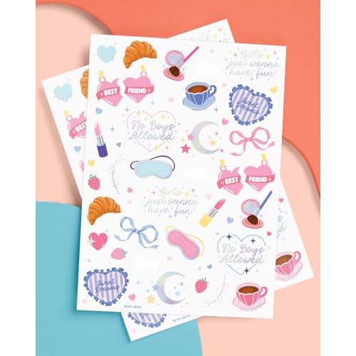 xo, Fetti Sleepover Temporary Tattoos - 72 Iridescent Foil Pcs | Birthday Decorations, Girls Pajama Night Accessory, Cute Kids Activity, Slumber Party Favor