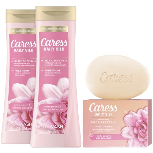 Caress Body Wash 2-Pack + Bar Soap, Daily Silk Bundle ??Bath & Shower Essentials for Silky Soft Skin, White Peach & Orange Blossom