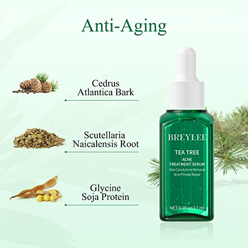 Tea Tree Oil Acne Serum, BREYLEE 2.0 Treatment Acne Prone Sensitive Skin Care Face Serum to Cystic Acne Scars, Redness Relief, Pimples Dark Spots Remove, Niacinamide Facial Moisturizer,17ml/0.6fl oz