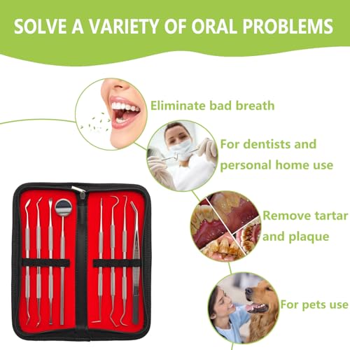 8 Pack Dental Tools PARYUNGR Teeth Cleaning Tool Kit, Stainless Steel Scraper Plaque Tartar Remover Tooth Cleaner Dental Floss Picks, Professional Oral Care Hygiene Set for Personal Pet Use with Case