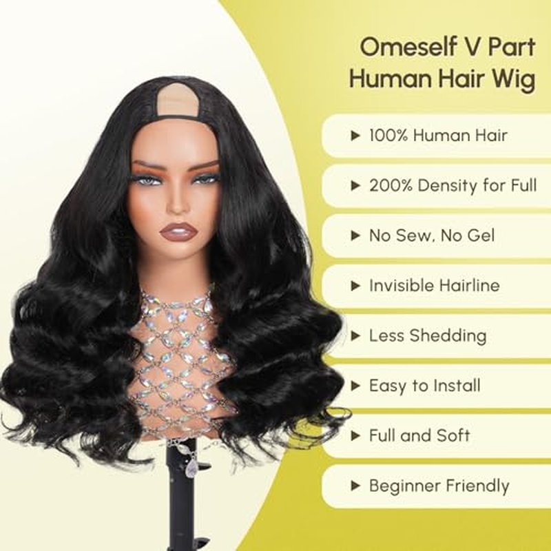 V Part Body Wave Human Hair Wig 22" - 200 Density Glueless