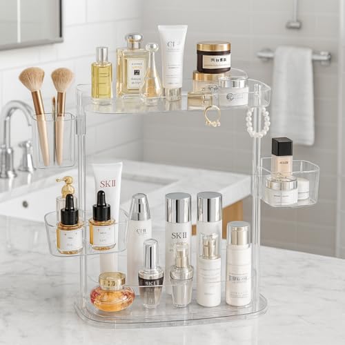 Clear Acrylic Makeup Organizer, Multi-Tier Cosmetic Storage Rack with Side Containers, Large Capacity Skincare Holder for Bathroom Counter, Vanity & Desk