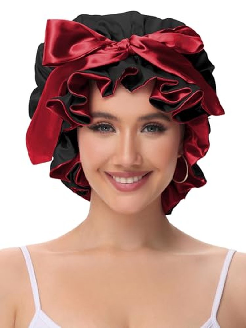 Satin Hair Bonnet for Sleeping with Adjustable Tie Band - Black