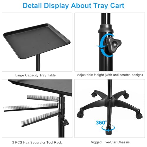 Salon Rolling Tray, Styling Tray Cart with 3pcs Hair Rack, Tattoo Tray Trolley Height Adjustable, Service Storage Tray Trolley for Beauty Salon Clinic Spa