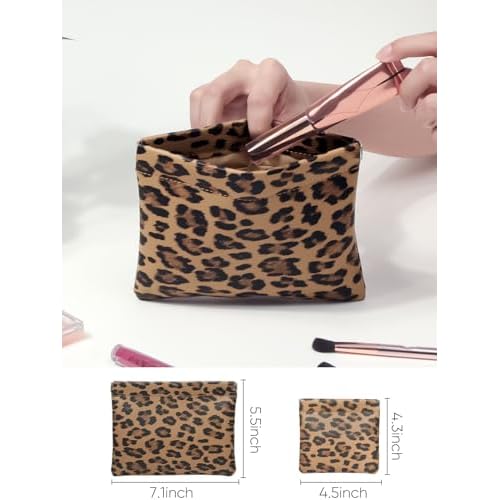 2 Leopard Leather Small Makeup Pouches Set for Women,Cosmetic Accessories,Waterproof and Portable Cosmetic Bags,Self-closing,No Zipper, Aesthetic Storage Pouch,Lipstick for Purse, Brown