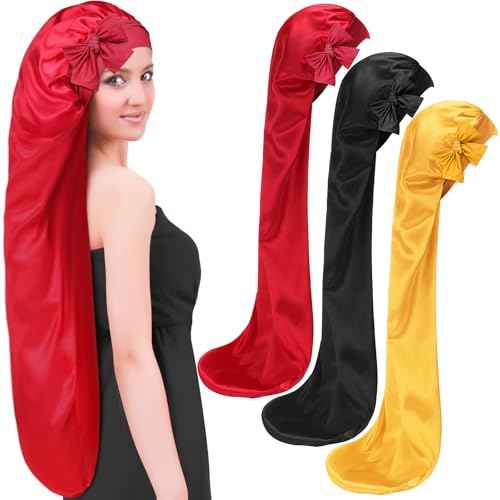 Geyoga 3 Pcs 40 Inches Extra Long Satin Braid Bonnet for Sleeping Silk Hair Bonnet for Women with Tie Band Foldable Braids Hair Sleep Tie, Black, Wine Red and Gold