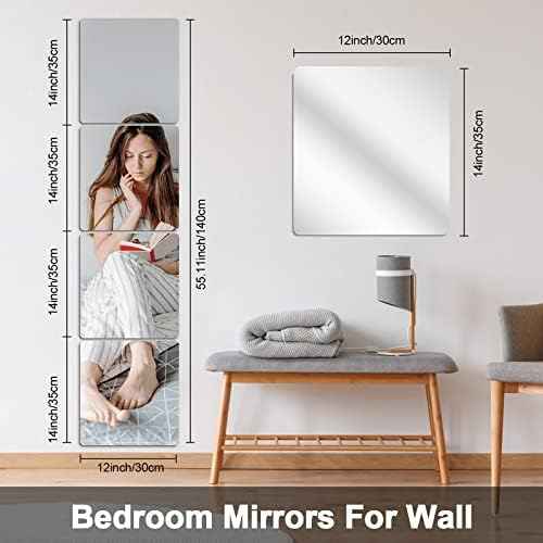 Ausbond 4 Pack Self-Adhesive Acrylic Square Mirrors (12 x 14 in), Frameless Wall Stickers Set for Bathroom/Home Gym/Dors