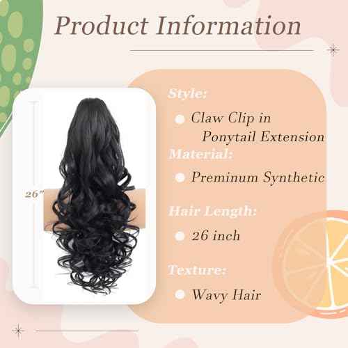 Ponytail Extension, 26 Inch Long Pony tails Hair Extensions for Women Wavy Curly Claw Clip Ponytail Fluffy Natural Fake Pony tail Hair Pieces for Women (Black, 26 Inch)