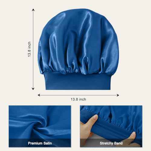 2 PCS Satin Silk Bonnet for Men Women, Hair Bonnet for Sleeping Men with Elastic Band, Large Silk Bonnet for Men Women Curly Hair Braids (Black+Blue)