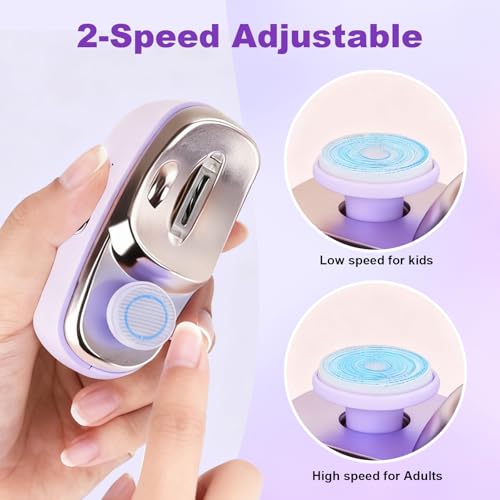 Electric Nail Clipper, 2 in 1 Electric Nail Clippers for Seniors and Adults, Baby Automatic Nail Clipper with Polishing, Light & Storage, Smart Nail Clipper 2-Speed for Fingernail(Purple)