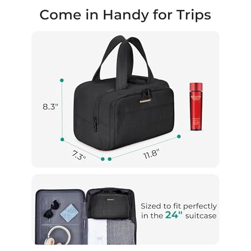 BAGSMART Travel Toiletry Bag, Lightweight Large Wide-open Travel Bag for Women, Puffy Cosmetic Makeup Bag Organizer with Handle for Accessories,Essentials, Toiletries, Black