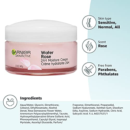 Garnier 24H Moisture Cream with Rose Water and Hyaluronic Acid, Face Moisturizer for Normal to Dry Skin, 1.7 Fl Oz (48g), 1 Count (Packaging May Vary)