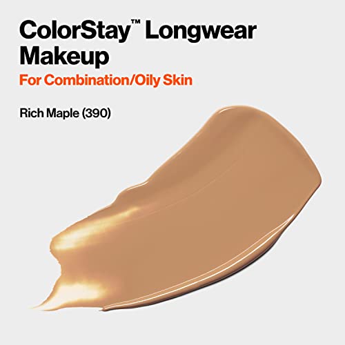 Revlon Liquid Foundation, ColorStay Face Makeup for Combination & Oily Skin, SPF 15, Medium-Full Coverage with Matte Finish, Rich Maple (390), 1.0 oz