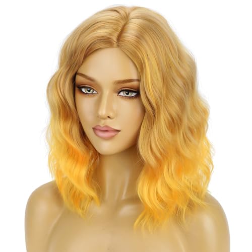 BERON Yellow Ombre Short Curly Wavy Wigs for Women Girls - Heat-Resistant Synthetic Cosplay & Party Hair