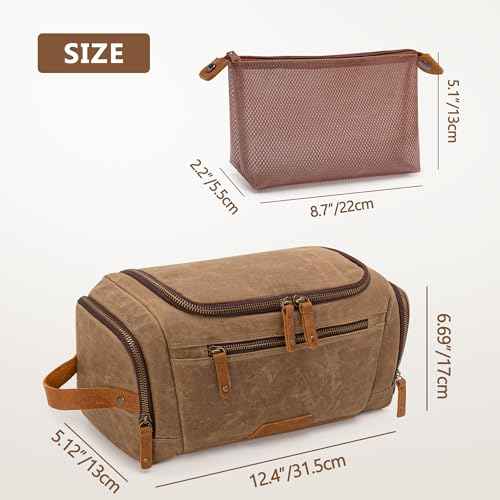 YARWO Hanging Toiletry Travel Bag for Men, Large Waxed Canvas Men Dopp Kit Hygiene Bag with Detachable Zipper Pouch, Water-resistant Shaving Storage Bag for Razor, Shower Essentials, Travel Toiletries