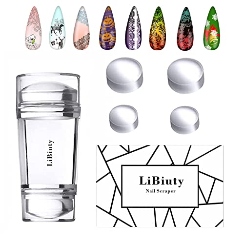 LiBiuty Nail Art Stamper, Dual Head Clear Jelly Nail Polish Transfer Stamper with Extra 4Pcs Silicone Heads & 1 Scraper Nail Stamping Tool