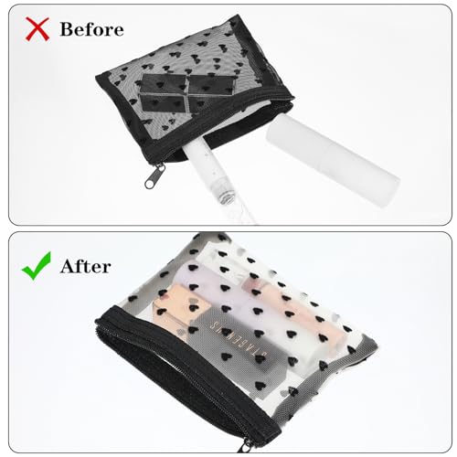 10pcs Mini Mesh Makeup Bags Zipper, Heart Print Cosmetic Bags 3D Heart-shaped Storage Pouch Small Nylon Organizer Purse Bag for Women Lipstick Travel Home Offices Toiletry(Beige)