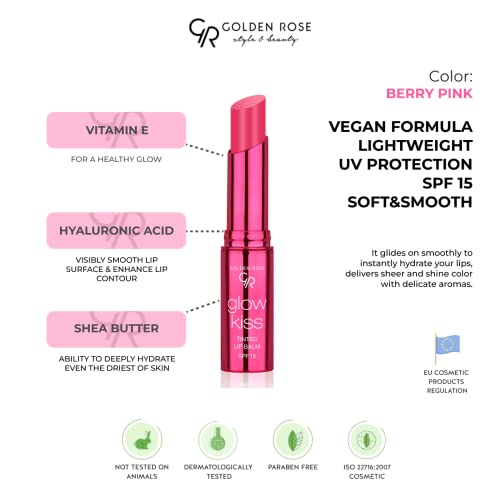 Golden Rose Cosmetics Glow Kiss Tinted Lip Balm with SPF15, Vegan Formula (Berry Pink)