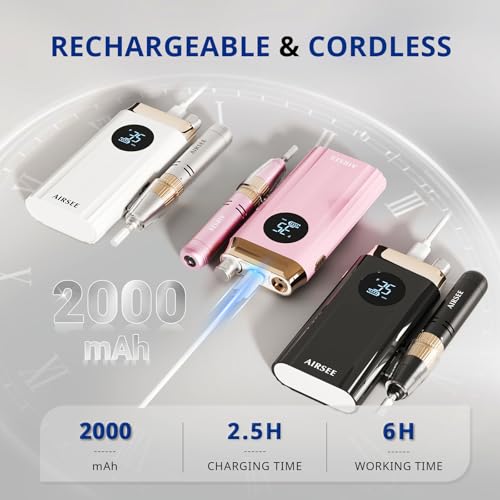 AIRSEE Professional Portable Nail Drill 35000RPM,Rechargeable Cordless Nail Drill for Manicure Salon Home, Eletric NALI E File for Acrylic Nails Gel Polishing Removing, EW4 Pink