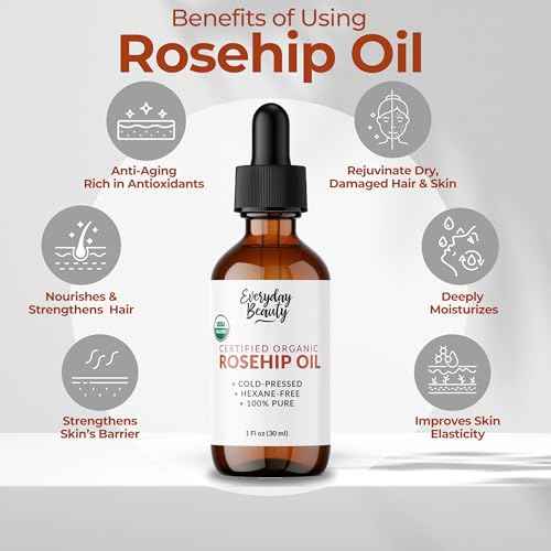 Organic Rosehip Seed Oil | 100% Pure, Cold-Pressed, Unrefined | USDA Certified Organic | Amber Glass Bottle with Glass Dropper | For Face, Skin & Hair - 1 Fl Oz