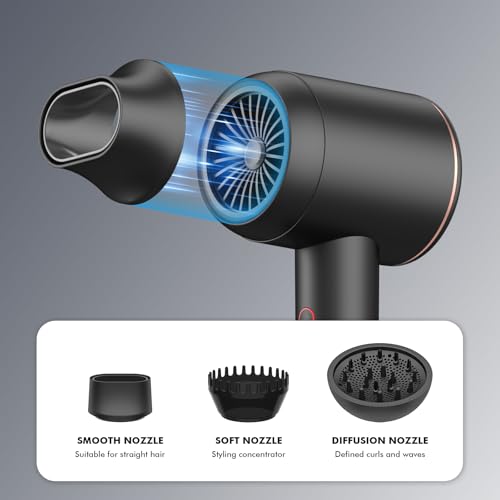 Black Professional Ionic Hair Dryer with Diffuser & Nozzle - Fast, Low Noise Styling
