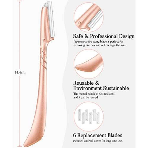 ennva Eyebrow Razor for Women-Eyebrow Trimmer Dermaplaning Tool-Ergonomic Eyebrow Shaper & Facial Razor for Peach Fuzz-Exfoliating Face Razor for Eyebrows-Eye Brow Shaver Razors w/7 Blades- Rose Gold