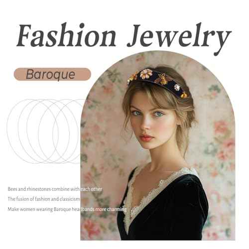 Black Baroque Headband Pearl Rhinestones Hairband with Beaded Hair Ties Handmade Velvet Hair Hoop Wide Head Band for Women (Bee)