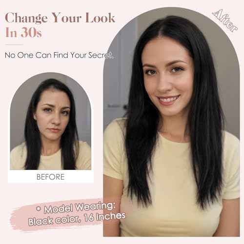 Hairro Human Hair Toppers Free Parted, 3.5x4.7" Base Hand-wovened 100% Real Hairpieces, with Invisible Clips-in for Women, for High Hairline/Adding Volume on Top, 16 Inch Light Natural Black