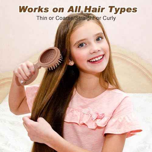 Mini travel hair brush for kids, Round Folding Pocket Mirror small toddler Hair Brush for Boys and Girls,Baby hair detangling brush Massage Hair Brush with Air Cushion for Thick Hair(Brown)