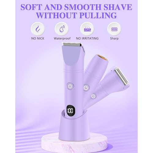 Bikini Trimmer for Women, Electric Razor for Pubic Hair 3-in-1, Bikini Shaver for Legs Body Hair, Womens Electric Razor IPX6 Waterproof, Gifts for Women,Purple