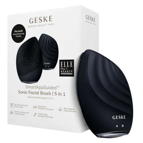 GESKE SmartAppGuided Sonic Facial Brush 5 in 1 | Vibrating Electric Cleansing Brush | Soft Silicone | Professional Cleanser | Skin Exfoliator | Face Massager