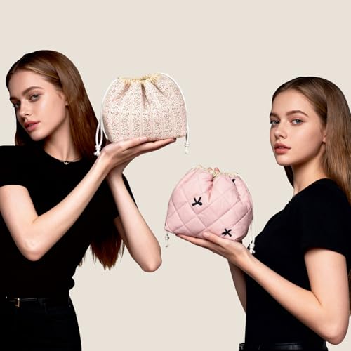 Large Makeup Bag, Cute Drawstring Cosmetic Bag with Canvas Lining, Floral Coquette Aesthetic Toiletry Bag, Travel Make Up Organizer Bag for Women and Girl (Red Cherry)