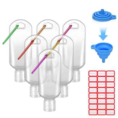 HATTIE 6 Pack Travel Plastic Clear Keychain Bottles 50ml/2oz Portable Leakproof Squeeze Small Bottles With Flip Cap Refillable Empty Containers for Lotion Soap Toiletry