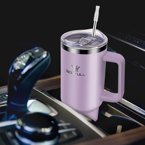 40 oz Tumbler with Handle and Straw Lid, 100% Leak-proof Travel Coffee Mug, Stainless Steel Insulated Cup for Hot Cold Beverages, Keeps Cold for 34Hrs or Hot for 10Hrs, Dishwasher Safe (LightPurple)