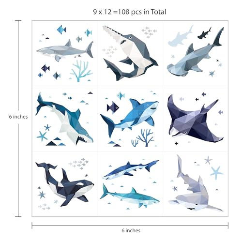 Cheerland Pre-Cut Shark Tattoos for Under The Sea Birthday Party Decorations Shark Week Ocean Sea Animal Themed Sticker Temporary Tattoo Party Favors Supplies School Rewards 108 Pcs