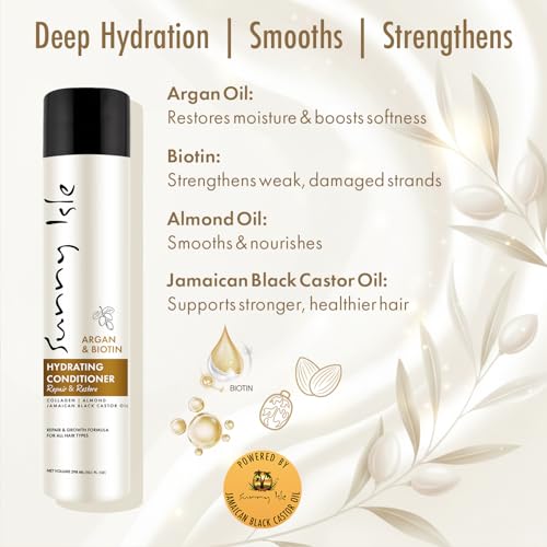 Sunny Isle Argan and Biotin Hydrating Conditioner - Collagen, Almond, Jamaican Black Castor Oil - 10.1 oz
