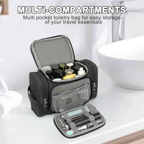 ZOMFELT Travel Toiletry Bag for Men, Canvas Toiletry Dopp Kit Organizer with Wet Pocket, Water-resistant Multiple Pockets Shaving Bag for Gym Essentials and Toiletries Accessories, Black