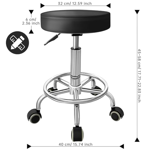 PU Leather Rolling Stool with Foot Rest Round Height Adjustment Swivel Spa Drafting Salon Tattoo Work Office Massage Vanity Stools Task Chair (Black)