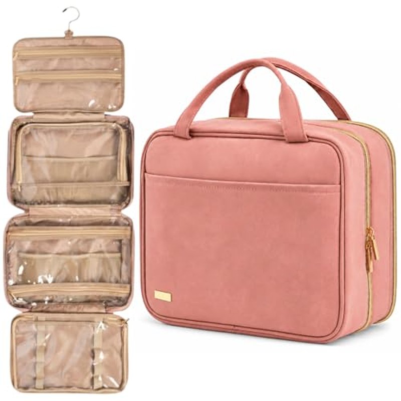 Pink Vegan Leather Travel Toiletry Bag for Women - Large Makeup Organizer