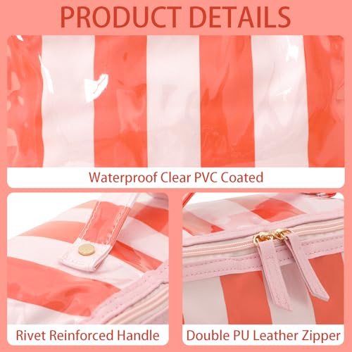 DYSHAYEN Stripe Travel Makeup Bag with Compartments Clear Coated Cosmetic Bag for Women, Waterproof Portable Open Flat Toiletry bag £¨Pink-Orange£©
