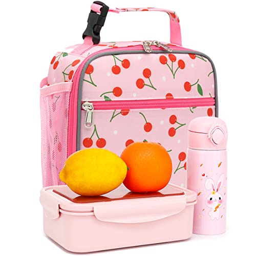 FlowFly Kids Lunch box Insulated Soft Bag Mini Cooler Back to School Thermal Meal Tote Kit for Girls, Boys, Cherry