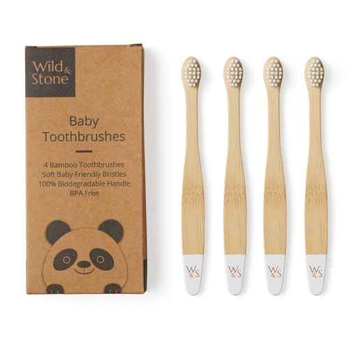 Wild & Stone Organic Baby Bamboo Toothbrushes | 4 Pack | Soft Bristles | 100% Compostable Handle | BPA Free | Vegan Baby Toothbrushes (White)