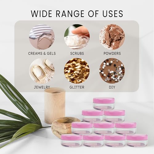 50 New Empty 5 Grams Acrylic Clear Round Jars - BPA Free Containers for Cosmetic, Lotion, Cream, Makeup, Bead, Eye shadow, Rhinestone, Samples, Pot, Small Accessories 5g/5ml (PINK LID)