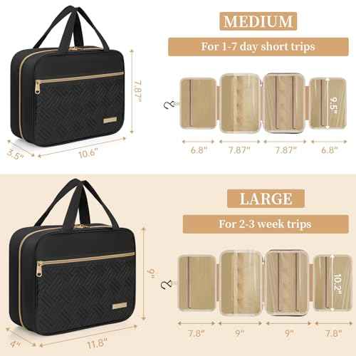 Travel Toiletry Bag for Women & Men Water Resistant Makeup Bag with Hanging Hook Portable Travel Organizer for Travel Accessories, Travel-Sized Shampoo, Toiletries (Medium-Black)