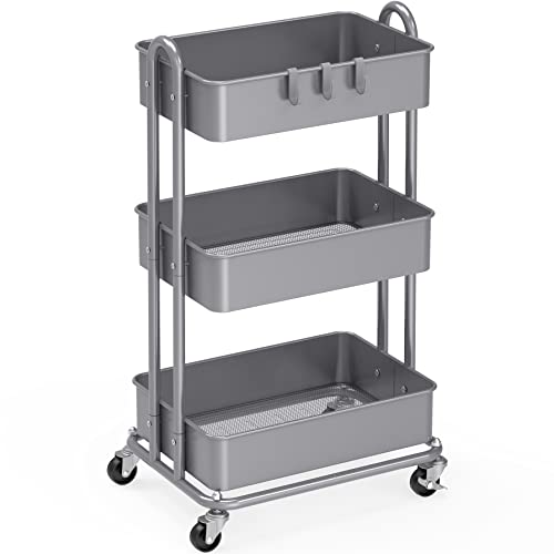 Simple Houseware Heavy Duty 3-Tier Metal Utility Rolling Cart, Silver