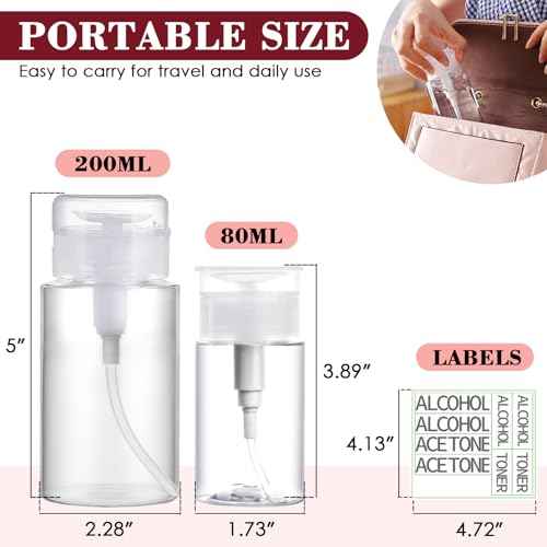4 Pack Push Down Pump Dispenser 6.7oz/200ML & 80ML Empty Acetone Dispenser Push Top Alcohol Bottles Containers for Nail Polish Makeup Remover Water Facial Toner