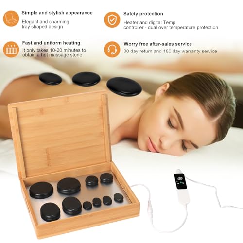 Hot Stone Massage Set with Warmer Kit,10 PCS Rocks Stones with Bamboo Heater Box,Massage Warmer Kit with Temperature Control and Timming Setting,Massage Stone Heater for Spa & Home Use