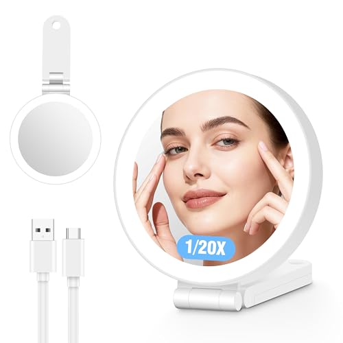 Travel Lighted Makeup Mirror 20X/1X | Foldable Handheld with 3 Color LED, Rechargeable